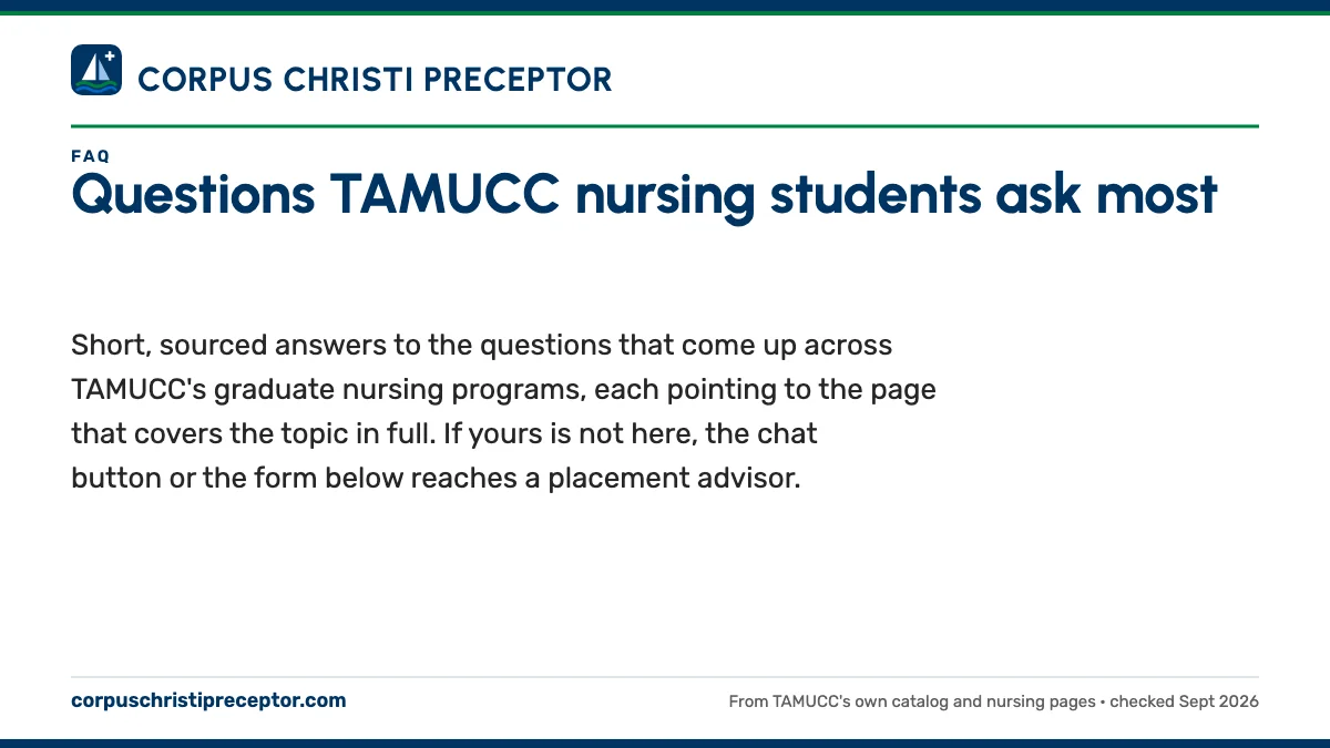 Questions TAMUCC nursing students ask most. Short, sourced answers to the questions that come up across TAMUCC's graduate nursing programs, each pointing to the page that covers the topic in full. If your
