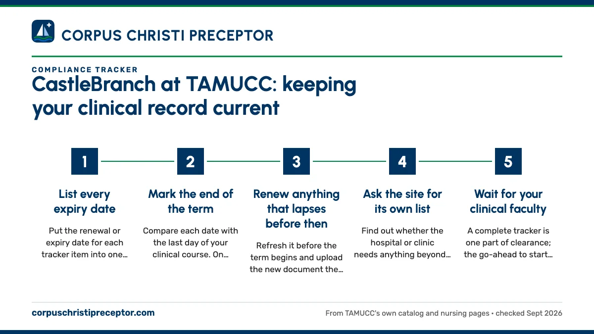 Numbered steps. The every-semester update: 1 List every expiry date; 2 Mark the end of the term; 3 Renew anything that lapses before then; 4 Ask the site for its own list; 5 Wait for your clinical faculty.