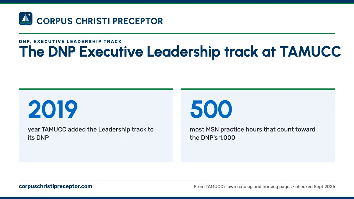 The DNP Executive Leadership track at TAMUCC. 2019: year TAMUCC added the Leadership track to its DNP; 500: most MSN practice hours that count toward the DNP's 1,000.