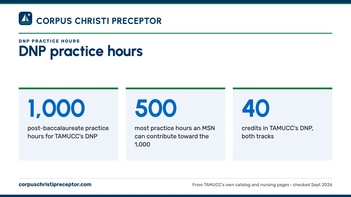 DNP practice hours. 1,000: post-baccalaureate practice hours for TAMUCC's DNP; 500: most practice hours an MSN can contribute toward the 1,000; 40: credits in TAMUCC's DNP, both tracks.