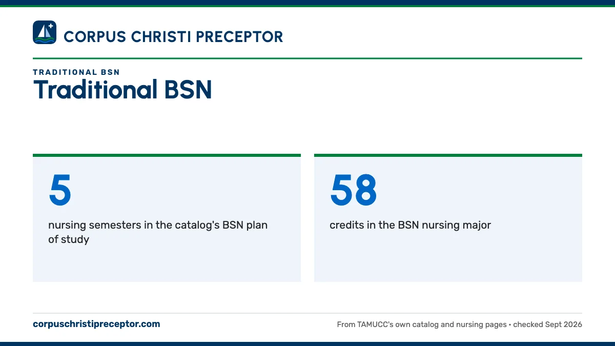 Traditional BSN. 5: nursing semesters in the catalog's BSN plan of study; 58: credits in the BSN nursing major.